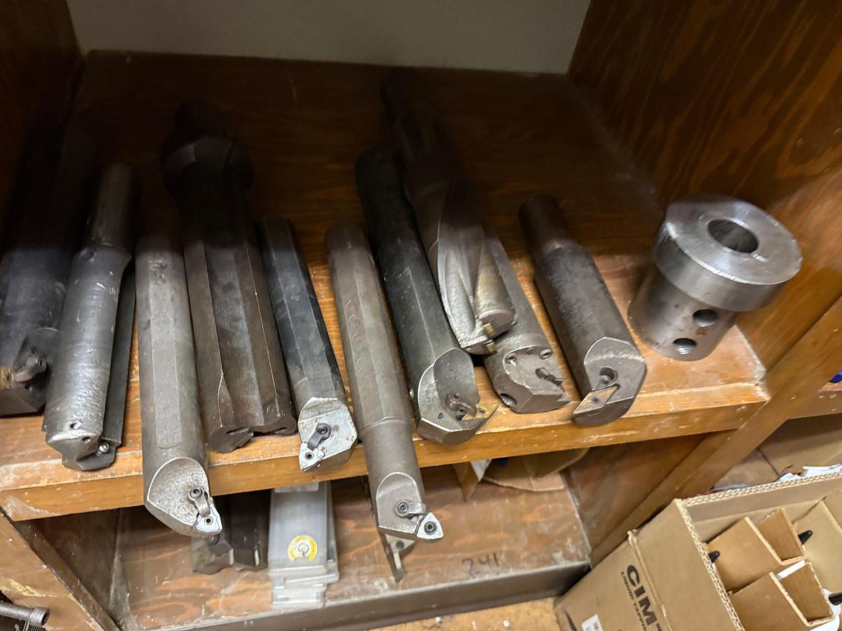 Used ROOM W/ SHELVES & (2) DOOR CABINET INCLUDES (100+) MACHINE CUTTING TOOLS, SUPPLIES, SPARE PARTS, & RELATED