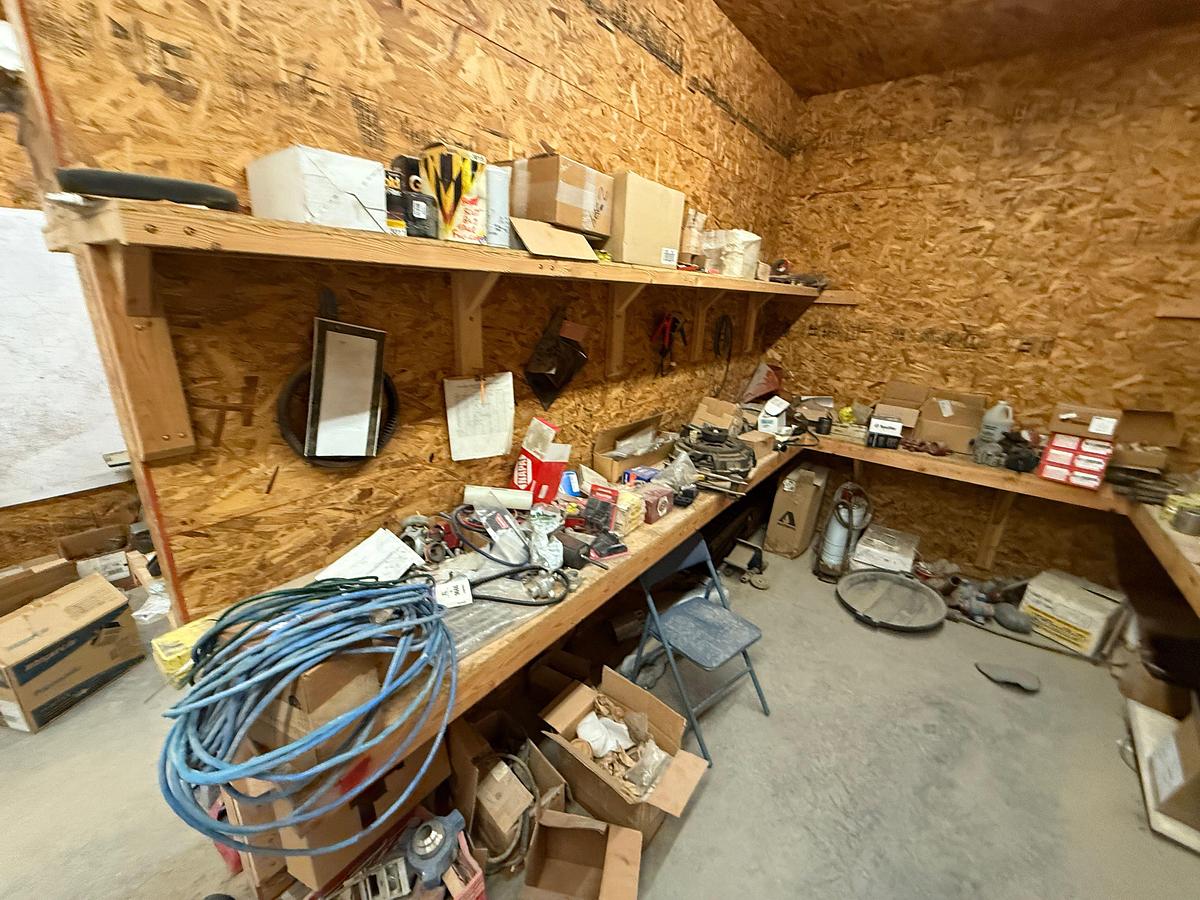 Used PARTS ROOM W/ CONTENTS OF, ROD ELEVATORS, SNATCH BLOCK, HYD VALVE BANK, (8) SHARK TOOTH BITS, JASK STANDS, FUEL PUMP, & RELATED