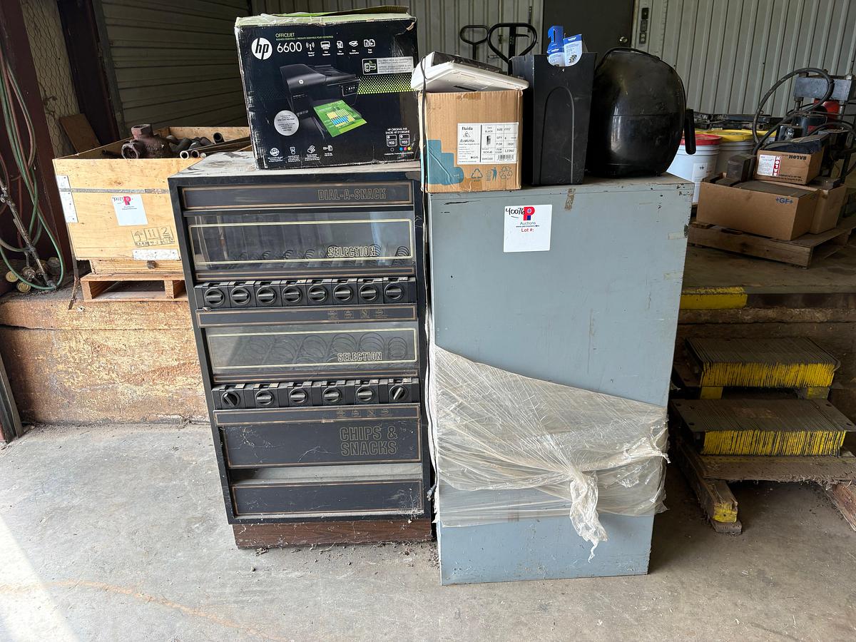 Used Dial-a-snack vending machine, 4-drawer filing cabinet, printers, & office supplies