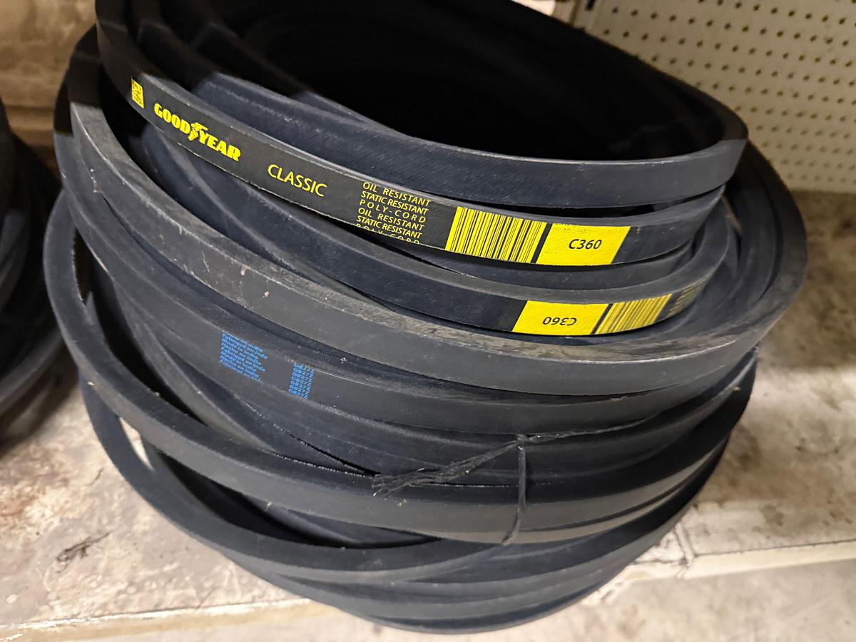 Used SECTION OF (90+) MOSTLY GOODYEAR C-SECTION BELTS SIZE RANGE C165 THRU C360 & (1) C210 POWERBAND V-BELTS