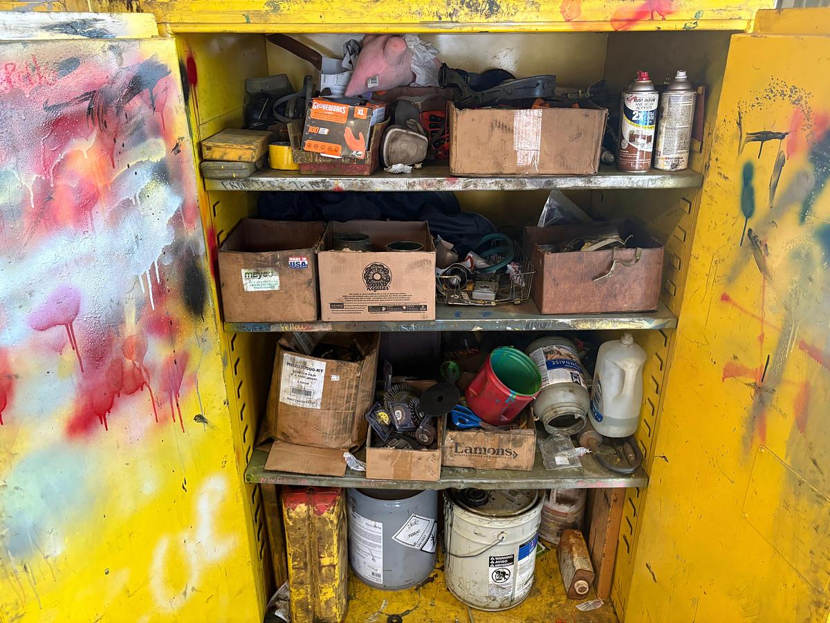Used 40” x 32” x 40” shop table & (2) paint storage cabinets w/ contents