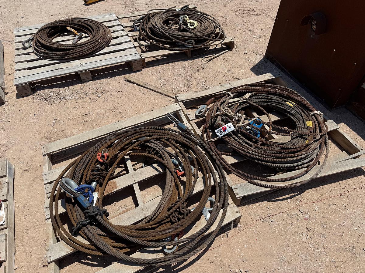Used (4) PALLETS OF 5/8” x 50’ WIRE ROPE SLINGS W/ SWIVEL HOOKS