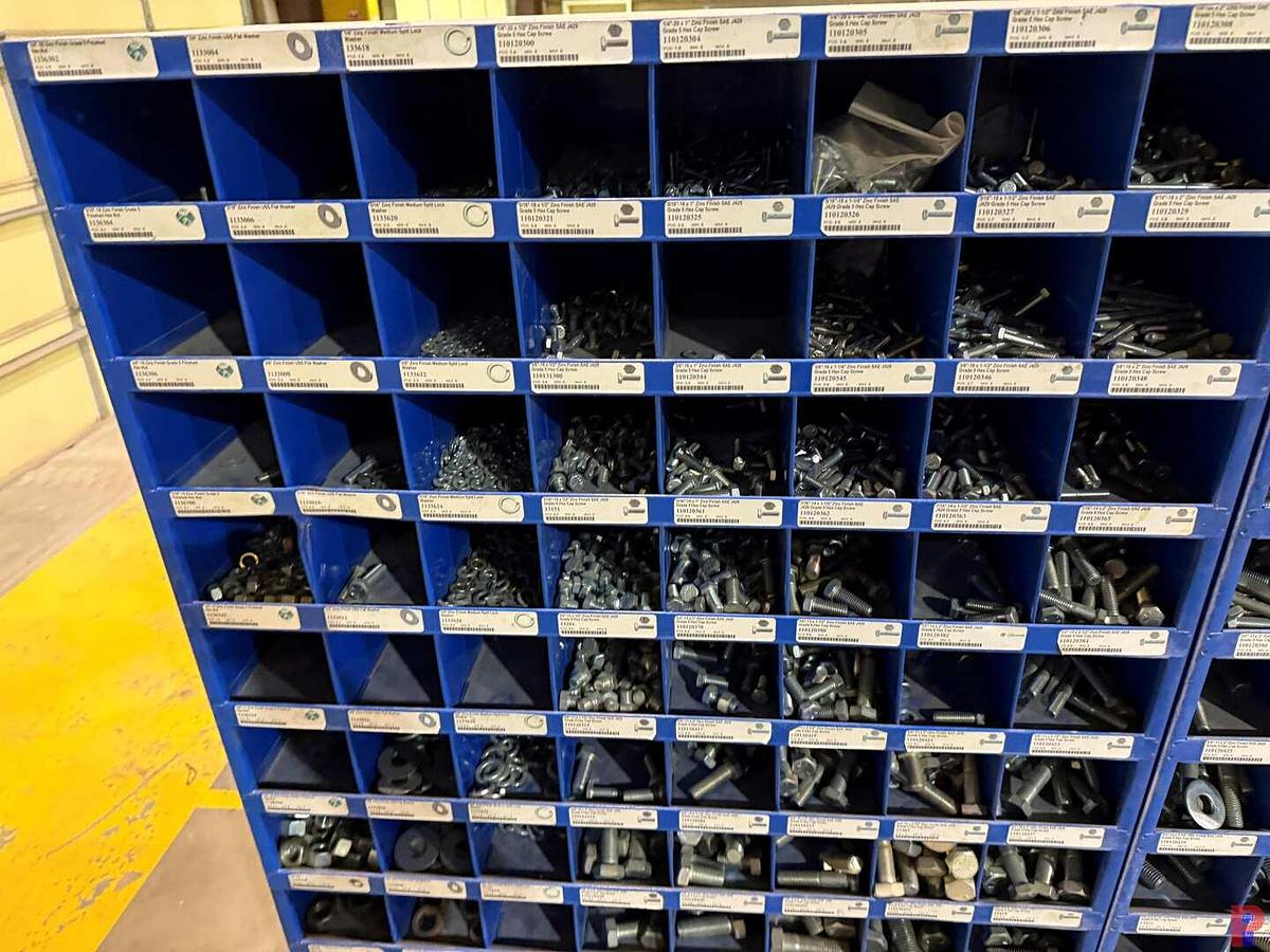 Used (2) 72-BIN STORAGE FOR BOLTS W/ CONTENTS, (1) 36”STAND UP METAL DESK, (1) 18-BIN STORAGE, (2) METAL STANDS