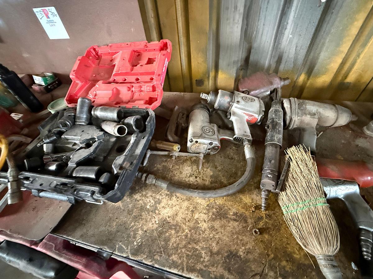 Used CONTENTS OF WORK BENCH AREA, AIR IMPACT WRENCHES, SOCKETS, CREEPER, & RELATED