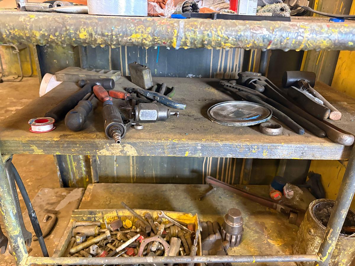 Used 40” x 32” x 40” shop table & (2) paint storage cabinets w/ contents