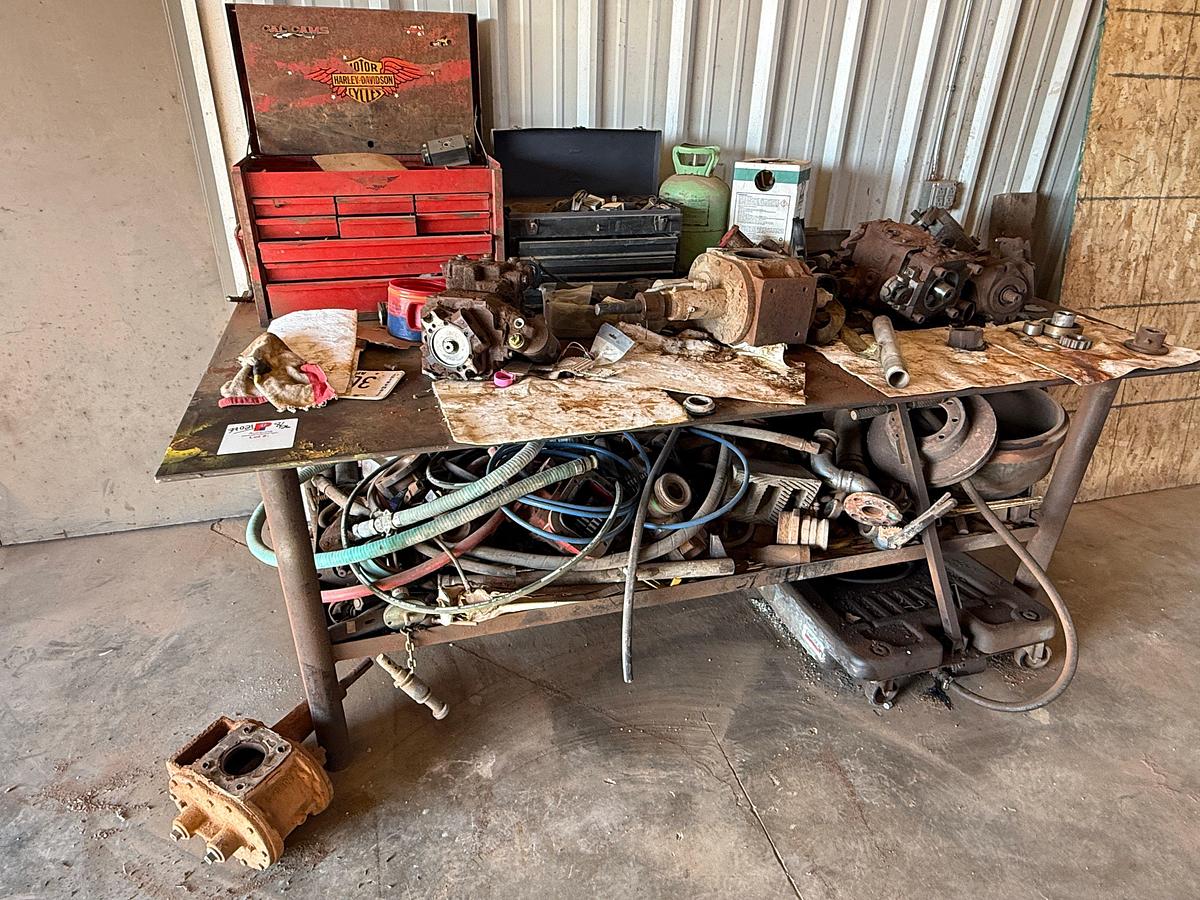 Used 8’ x 4’ x 3’ HD STEEL SHOP TABLE W/ CONTENTS OF (2) TOOLBOXES, PTO, HYD PUMP PARTS, BOWIE PUMP, ROLLING OIL CATCH PAN
