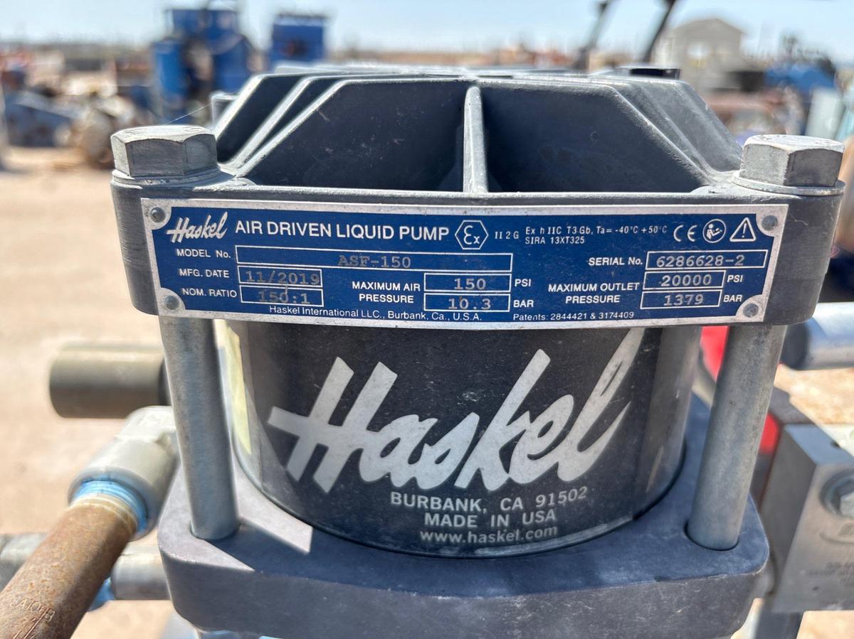 Used (2) pressure test stumps w/ Haskell asf-150 air driven liquid pump & table