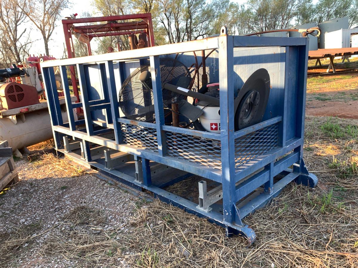 Used 11’ 5” L x 4’ W x 5’ T Skidded Tool Locker and Basket