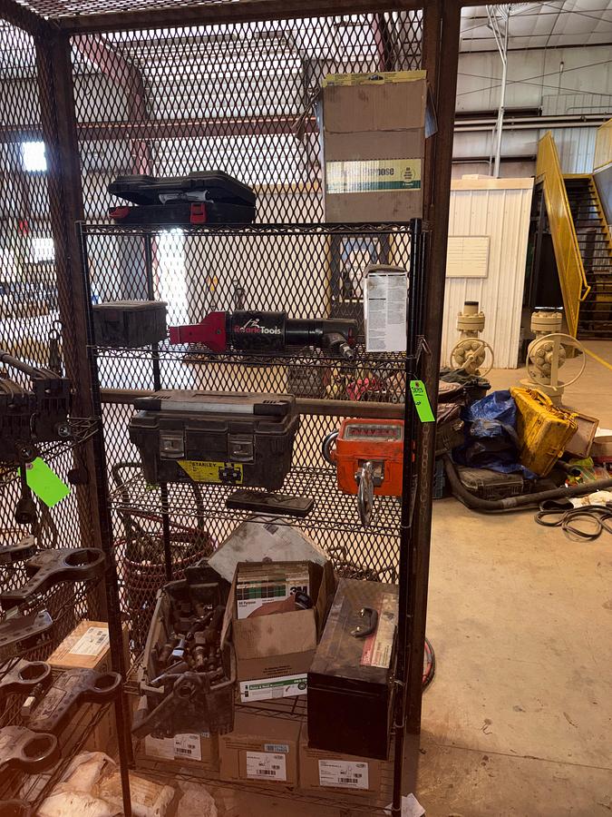 Used Shelving w/ zenith digital crane scale, Roark tools pneumatic impact, tap & die set,etc.