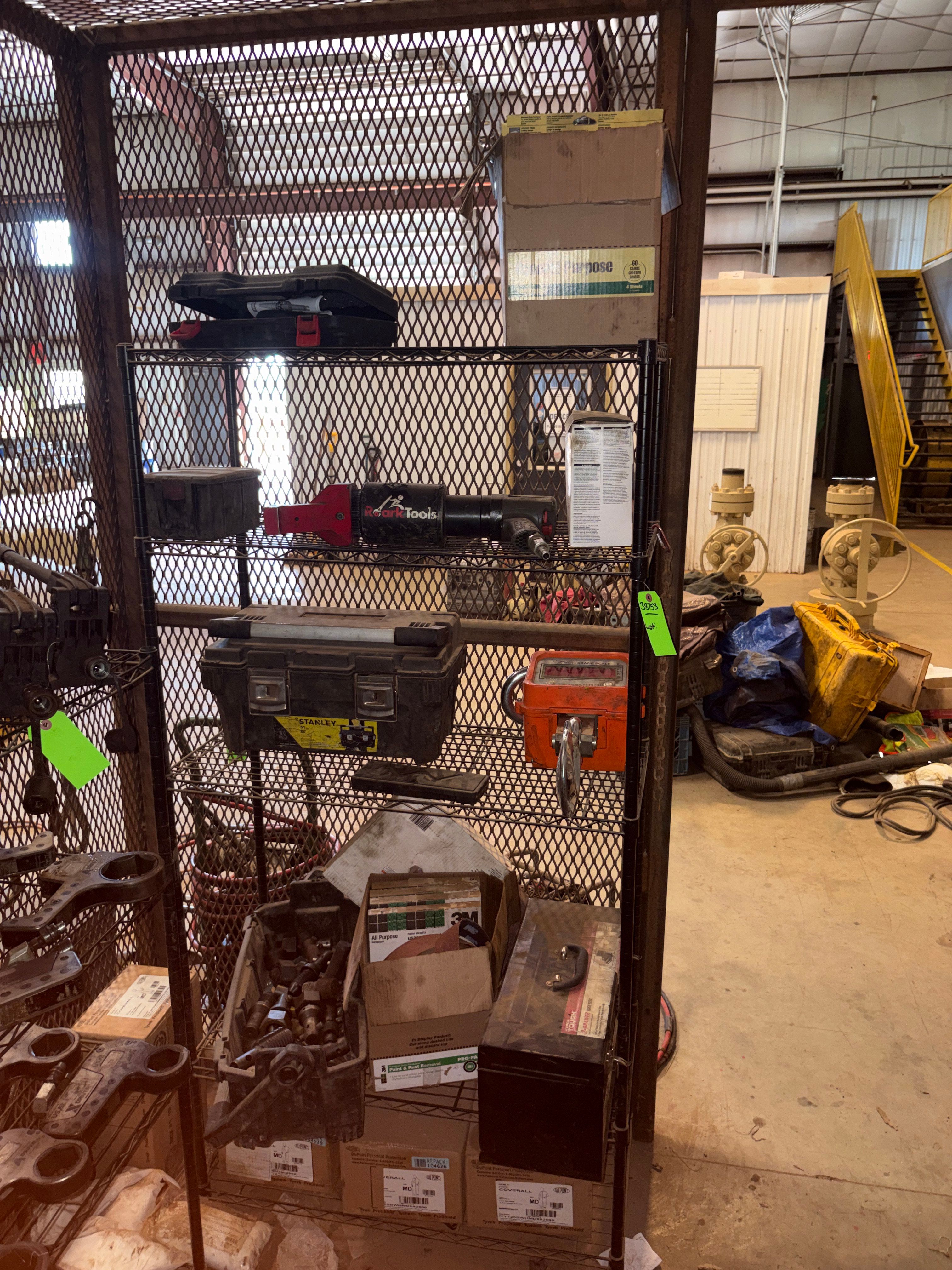 Used Shelving w/ zenith digital crane scale, Roark tools pneumatic impact, tap & die set,etc.