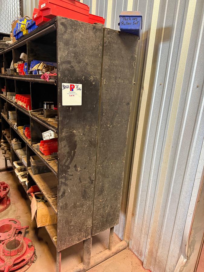 Used 8’ L x 23”W X 6’H 18-BIN SHELF W/ CONTENTS F/ SLIPS, STUDS, TONGS &!RELATED