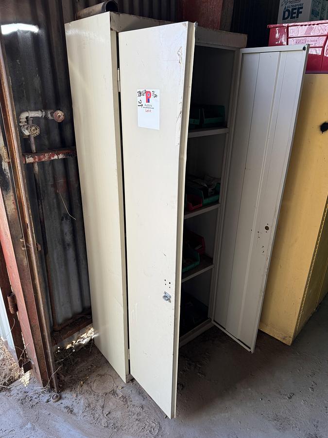 Used (1) 34”L X 34”L X 65”H FLAMMABLE LIQUID STORAGE CABINET & (1) 30”L X 15”W X 72”H 3-SHELF CABINET, ALL W/ TRUCK PARTS & PAINT