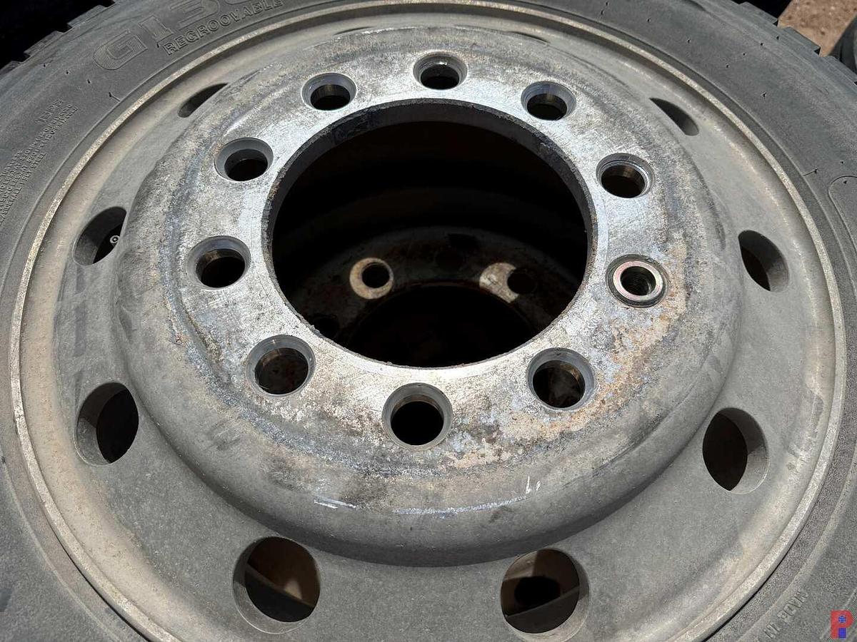 Used (8) 255/70R22.5 TIRES W/ ALUMINUM / STEEL BUD WHEELS