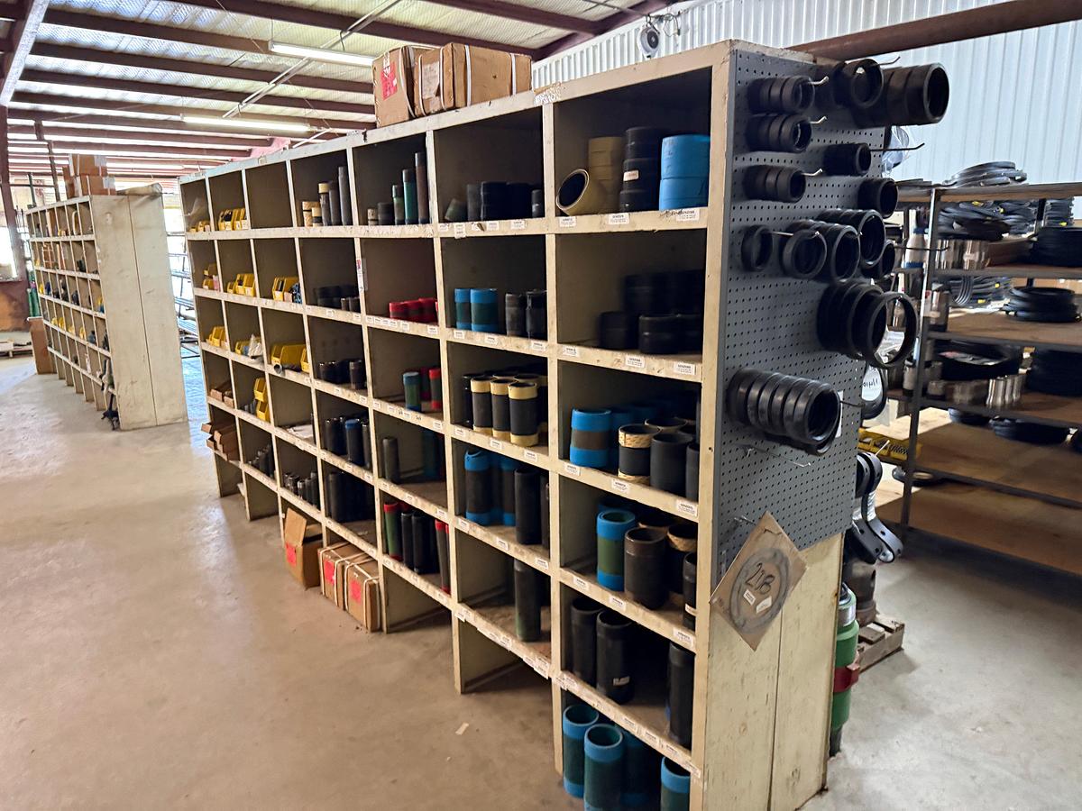 Used 14’ x 2’ x 7’ 42-BIN WOOD PARTS SHELF