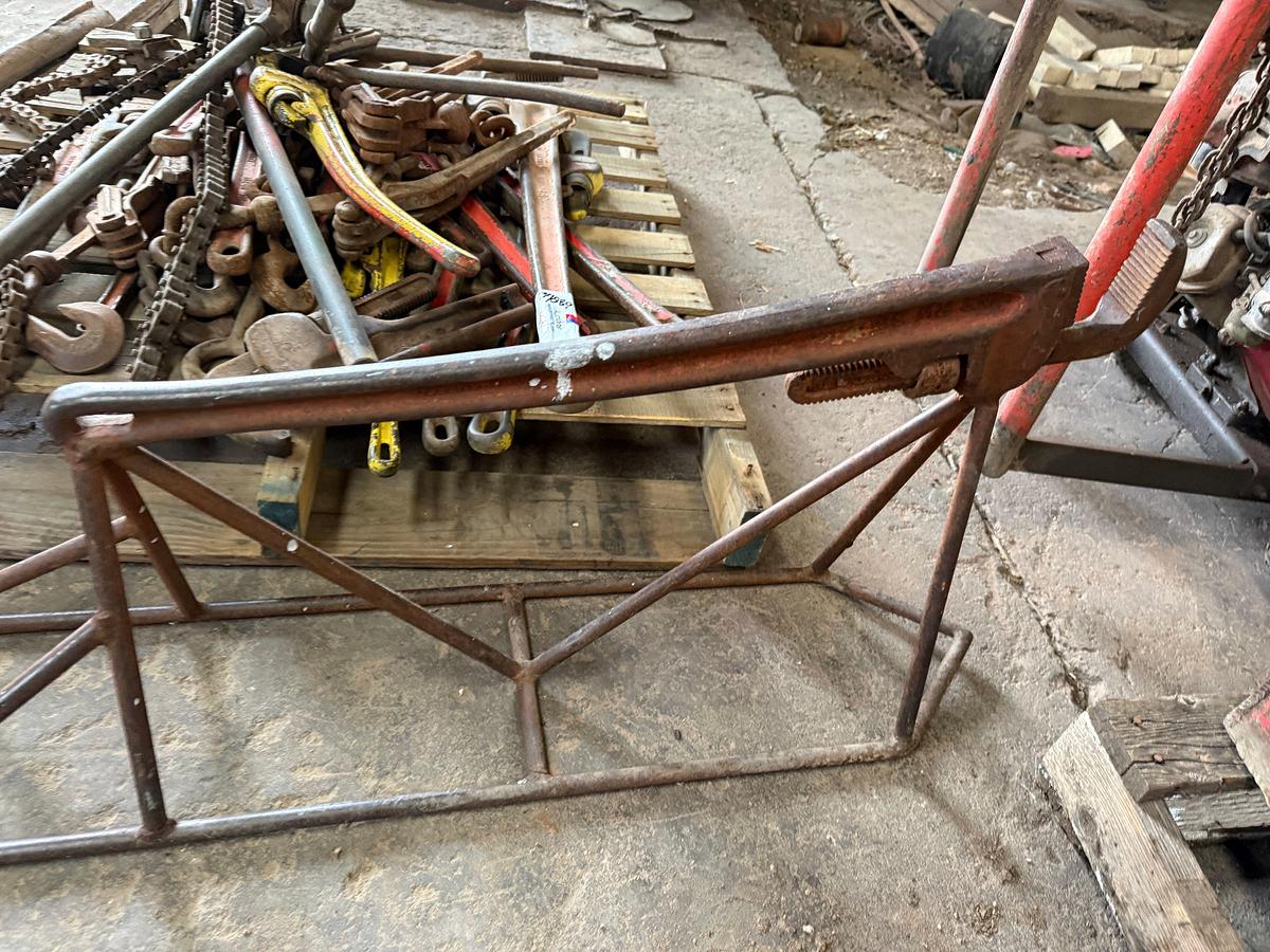 Used 18” EATON AIR FLEX CLUTCH DISC, PALLET OF (12+) 24”-48” RIGID PIPE WRENCHES, GAS POWERED SMALL TRIPLEX PUMP ON CART