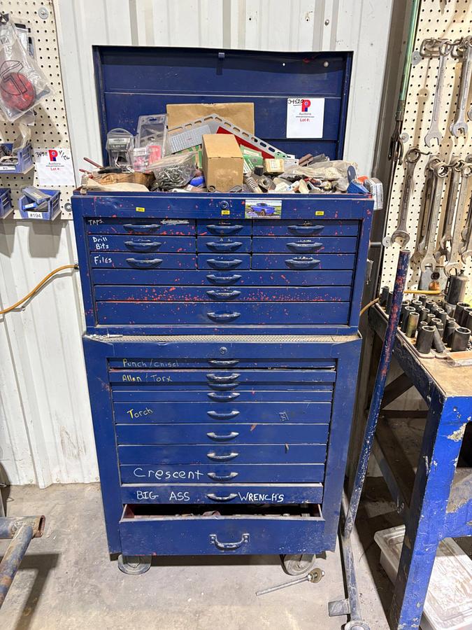 Used 34” x 18” x 60” tool box w/ contents