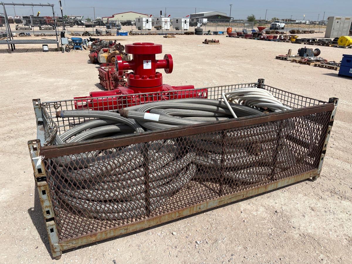 Used 9’ x 3.5’ basket w/ assorted braided hoses