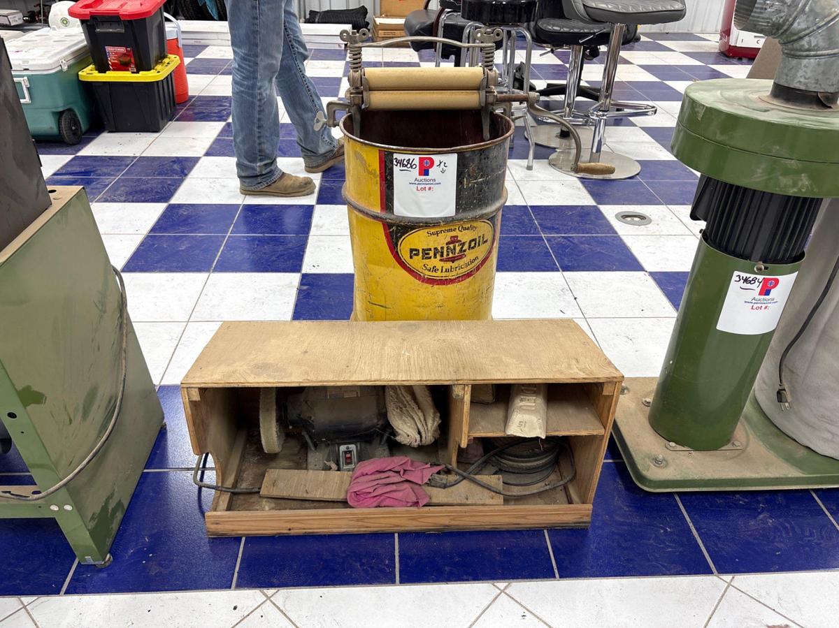 Used 6” electric bench grinder w/ buffer wheels & pennzoil barrel w/ wringer attachment