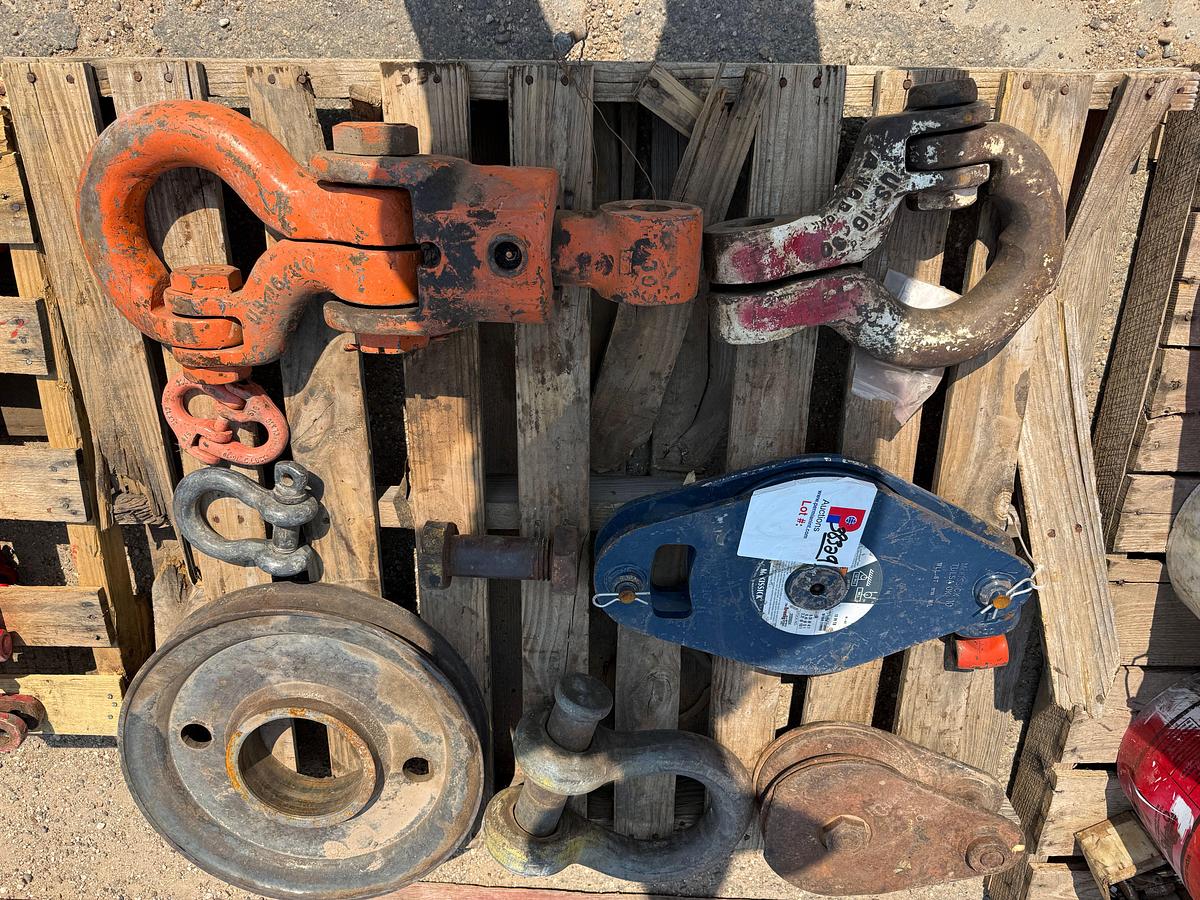 Used PALLET W/ (2) 30-Ton ROD CLEVIS’s, MCKISSICK 9/16”x 10” SGL SHEAVE 8-TON BLOCK, 18” CROWN SHEAVE, & RELATED