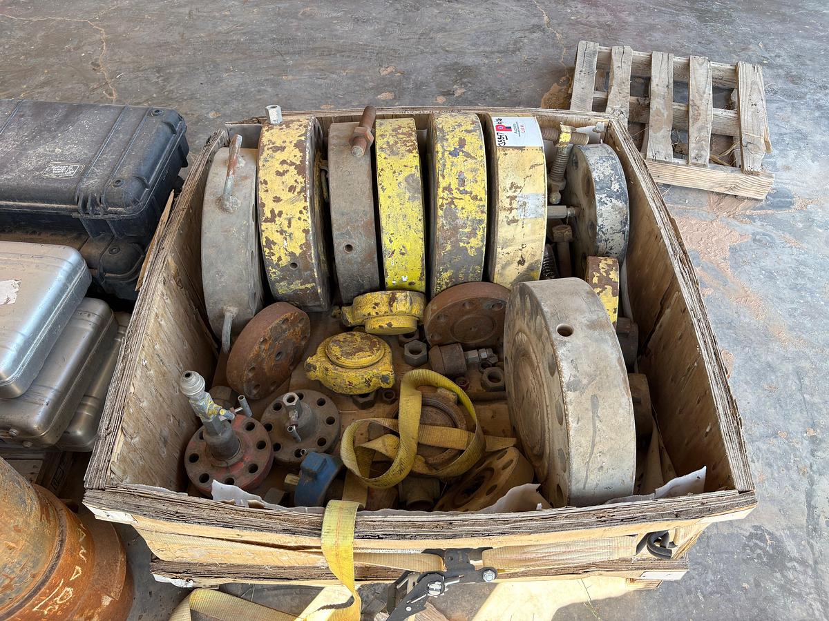 Used Crate of (8) assorted pressure test flanges w/ hammer unions, weco flange, etc