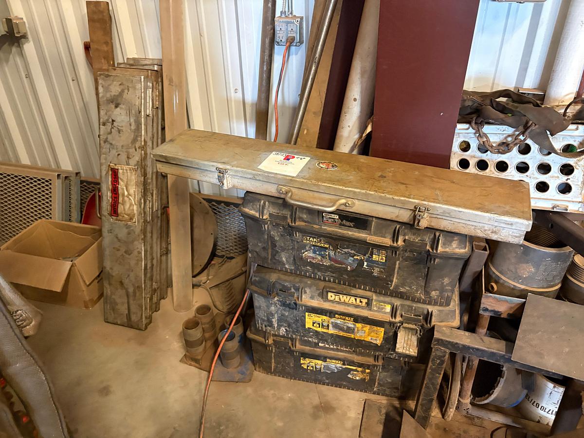 Used Lot w/ (3) job boxes w/ contents, trailer hitches, air & hydraulic hoses, safety harnesses, ladders, etc.