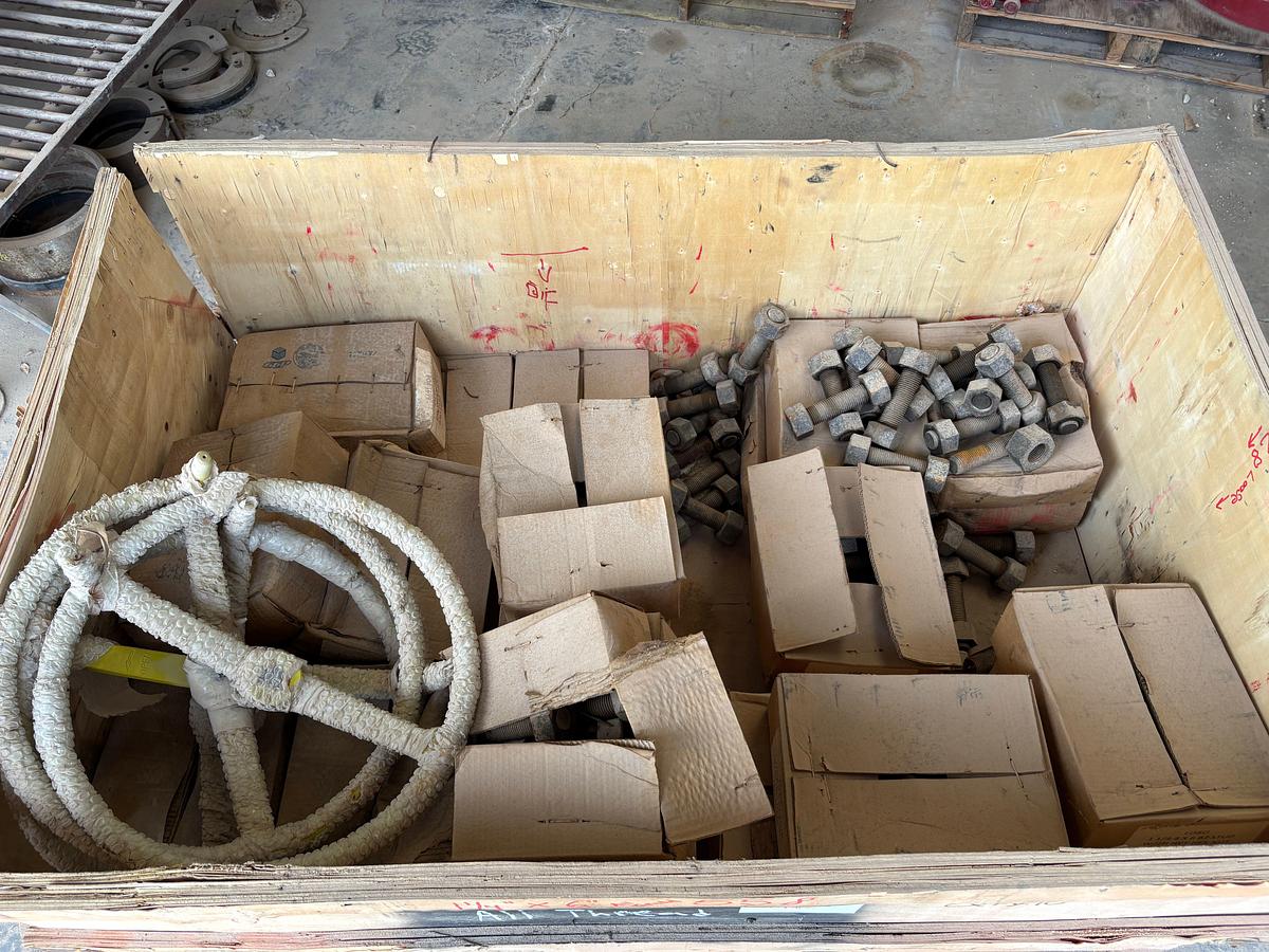 Used Crate of 1-1/4” x 6” stud bolts & (3) valve handles