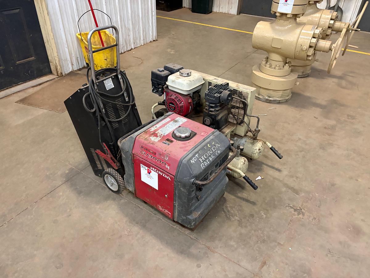 Used Honda eu3000is inverter generator, stark monster battery charger, & ingersoll Rand S9-8 air compressor