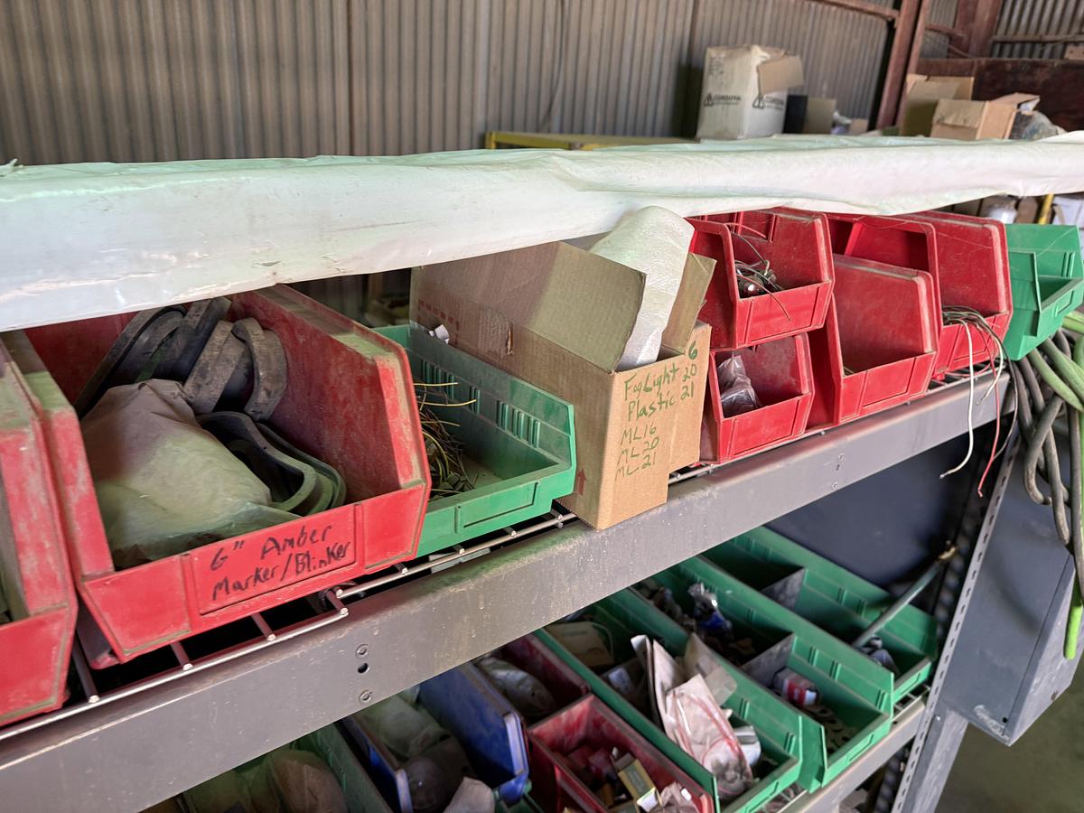 Used 96”L X 24”W X 72”H 3-SHELF RACK, (1) 24-COMP. FITTING BIN, & (1) 4-ROW ELECTRIC WIRE REEL RACK, ALL W/ TRUCK PART & RELATED