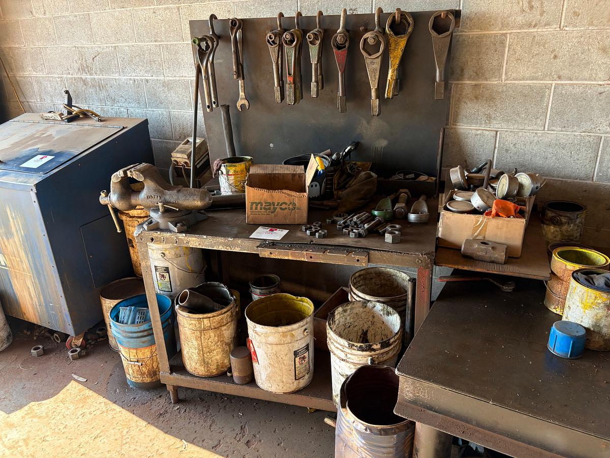 Used 8’ x 4’ x 2.5’ & 4’ x 2.5’ x 3’ metal shop tables w/ contents