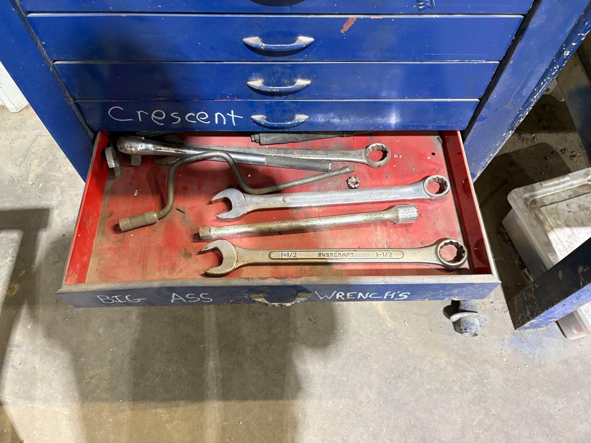 Used 34” x 18” x 60” tool box w/ contents