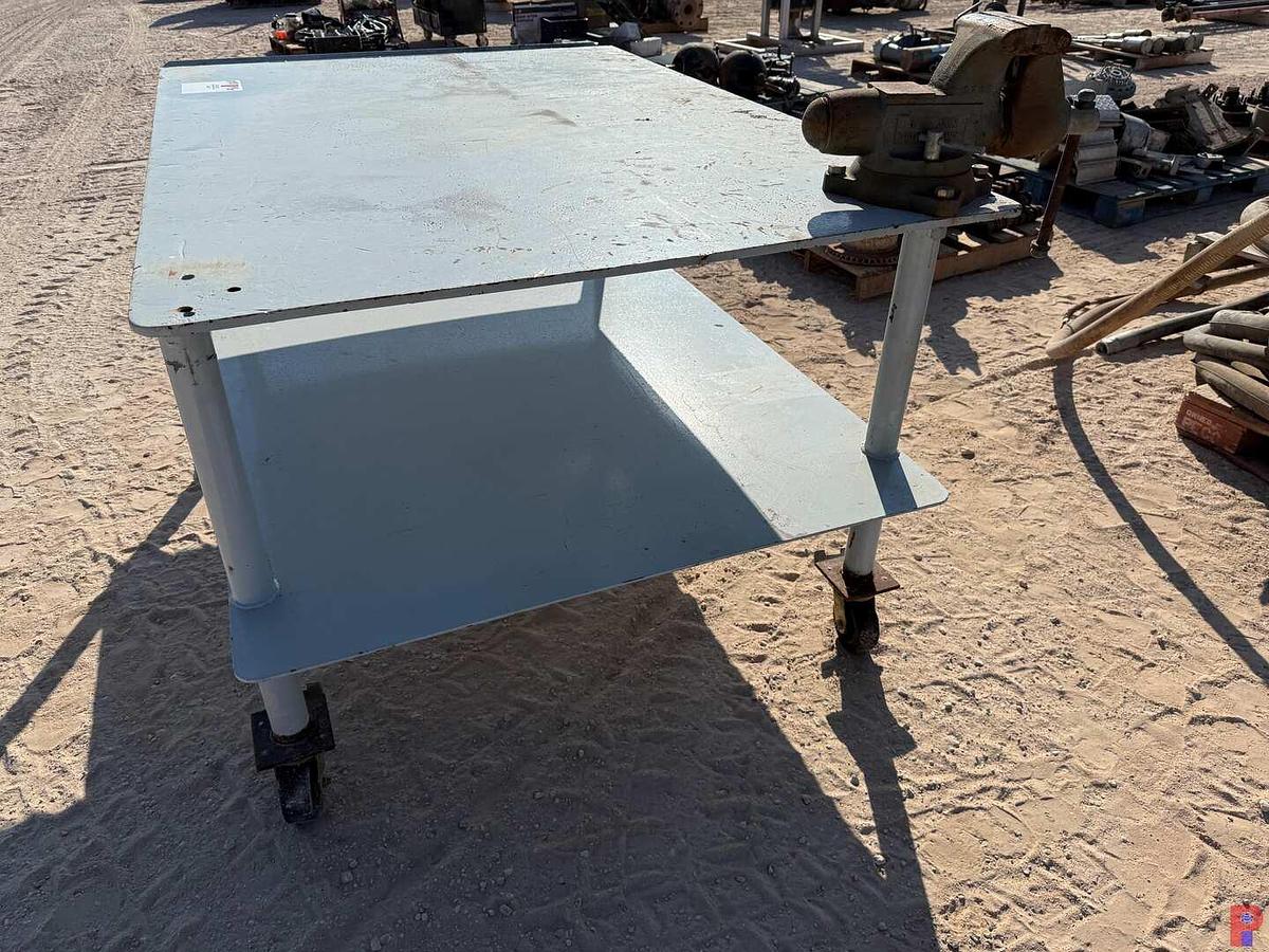 Used 6’ L X 4’ W X 3.3’H ROLLING WORK TABLE W/ WILTON 6-1/2” VICE