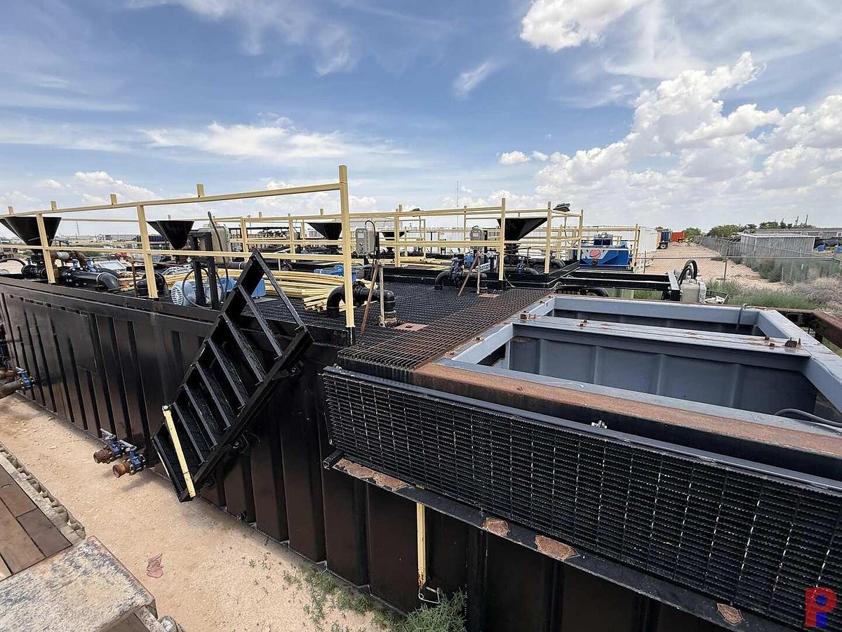 Used 35’L X 10’W X 6.5’H 4-COMPARTMENT 260 BBL MIXING TANK P/B (3) 75 HP ELECTRIC MOTORS