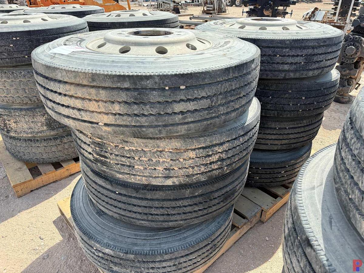 Used (8) 11R22.5 TIRES W/ ALUMINUM / STEEL PILOT WHEELS