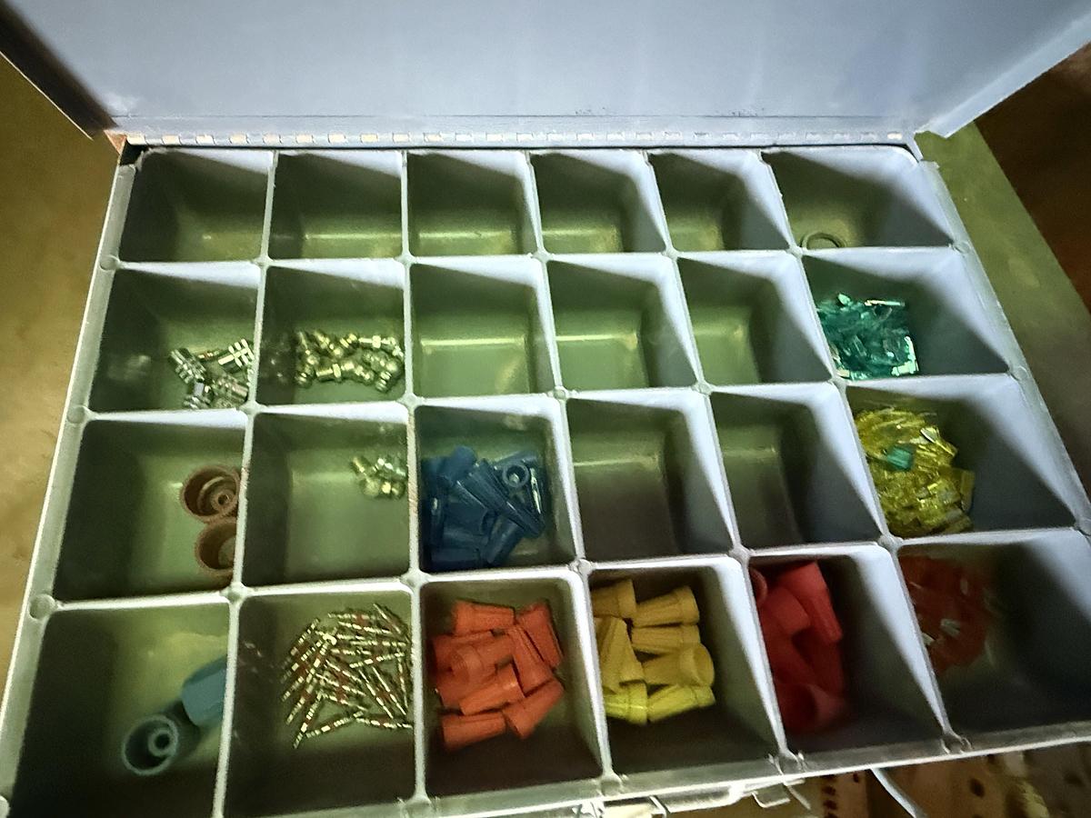 Used (1) 112-BIN BOLT BIN, (1) 77”L X 24”W X 78”H 4-SHELF RACK, (10) DURHAM SLIDE-OUT COMP. BOXES, ALL W/ TRUCK PARTS & RELATED