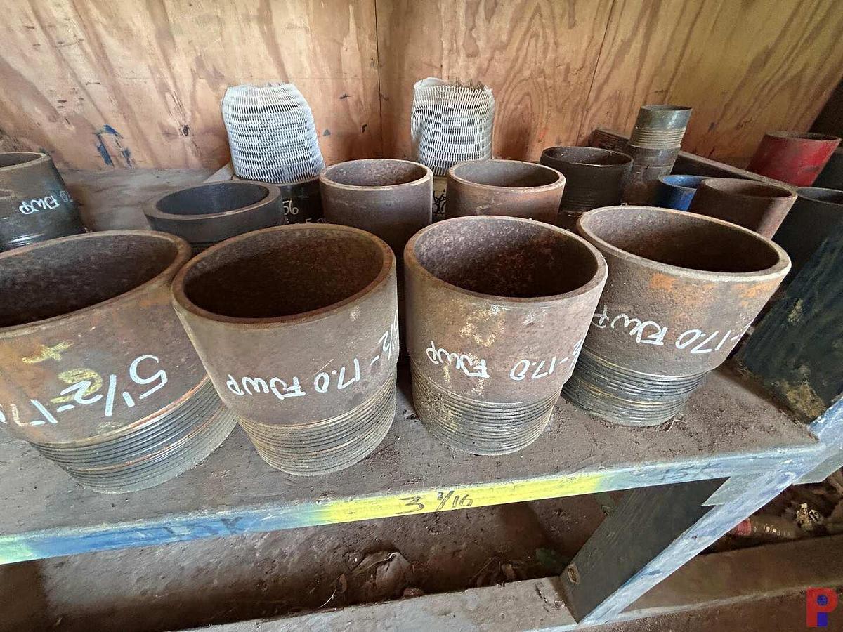 Used 2-SHELVES W/ (60 +) 1-1/2” - 8” STEEL THREAD PROTECTORS