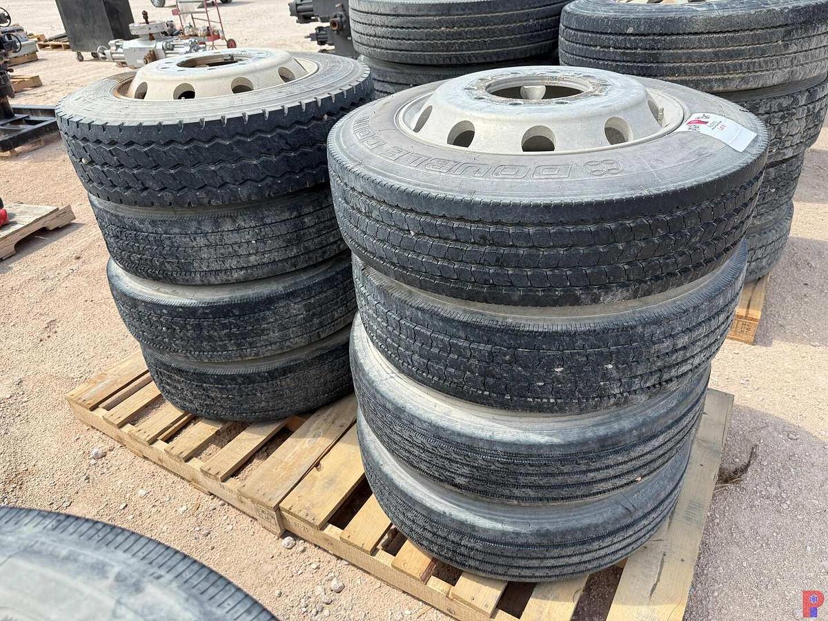 Used (8) 255/70R22.5 TIRES W/ ALUMINUM / STEEL PILOT WHEELS