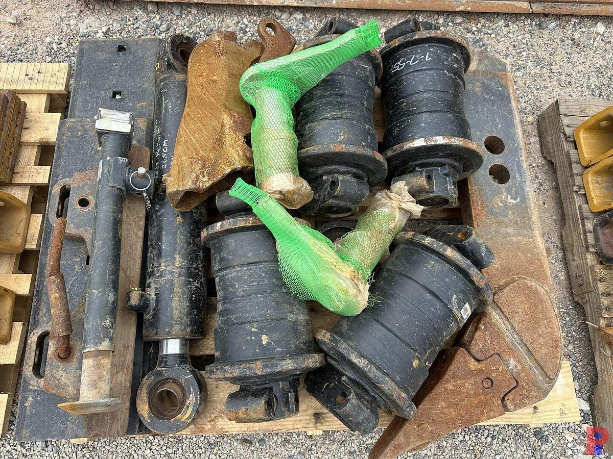 Used (3) PALLETS W/ ASSORTED BRAKETS, ROLLERS, PINS, TEETH, & RELATED WEAR PARTS FOR EXCAVATORS