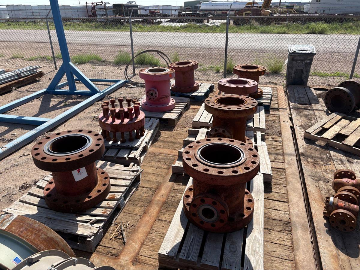 Used Assorted spacer spools, gate valves, & contents of rig matting board