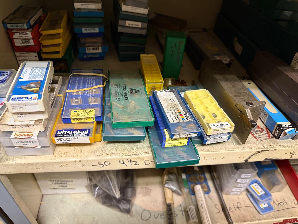 Used ROOM W/ SHELVES & (2) DOOR CABINET INCLUDES (100+) MACHINE CUTTING TOOLS, SUPPLIES, SPARE PARTS, & RELATED