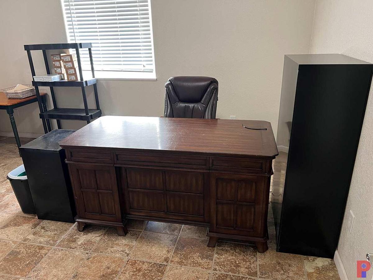 Used OFFICE CONTENTS TO INCLUDE 30"X62" WOOD DESK, 4&3 DRAWER FILE CABINETS, & SEE DETAILS