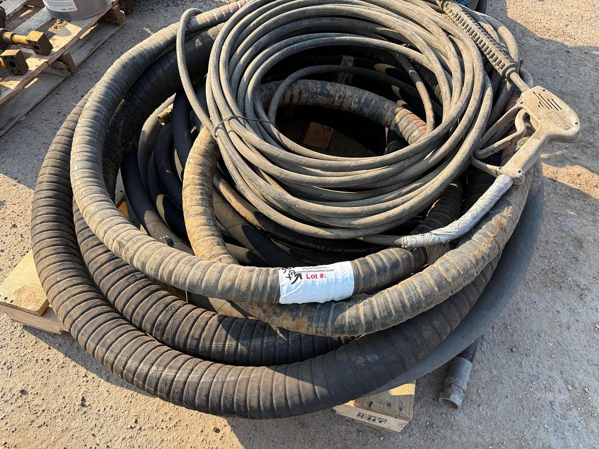 Used (2) PALLETS w/ 1-1/4” 5K WP HYD HOSES, PRESSURE WASH HOSE & LANCE, 3” SUCTION HOSE, 2” 2K WP HOSE W/ HAMMER UNIONS