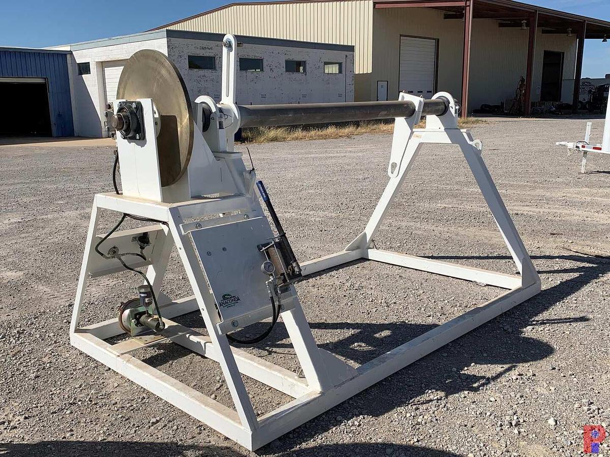 Used 94”W X 5’H REEL STAND W/ 28” DUAL CALIPER HYDRAULIC HAND BRAKE