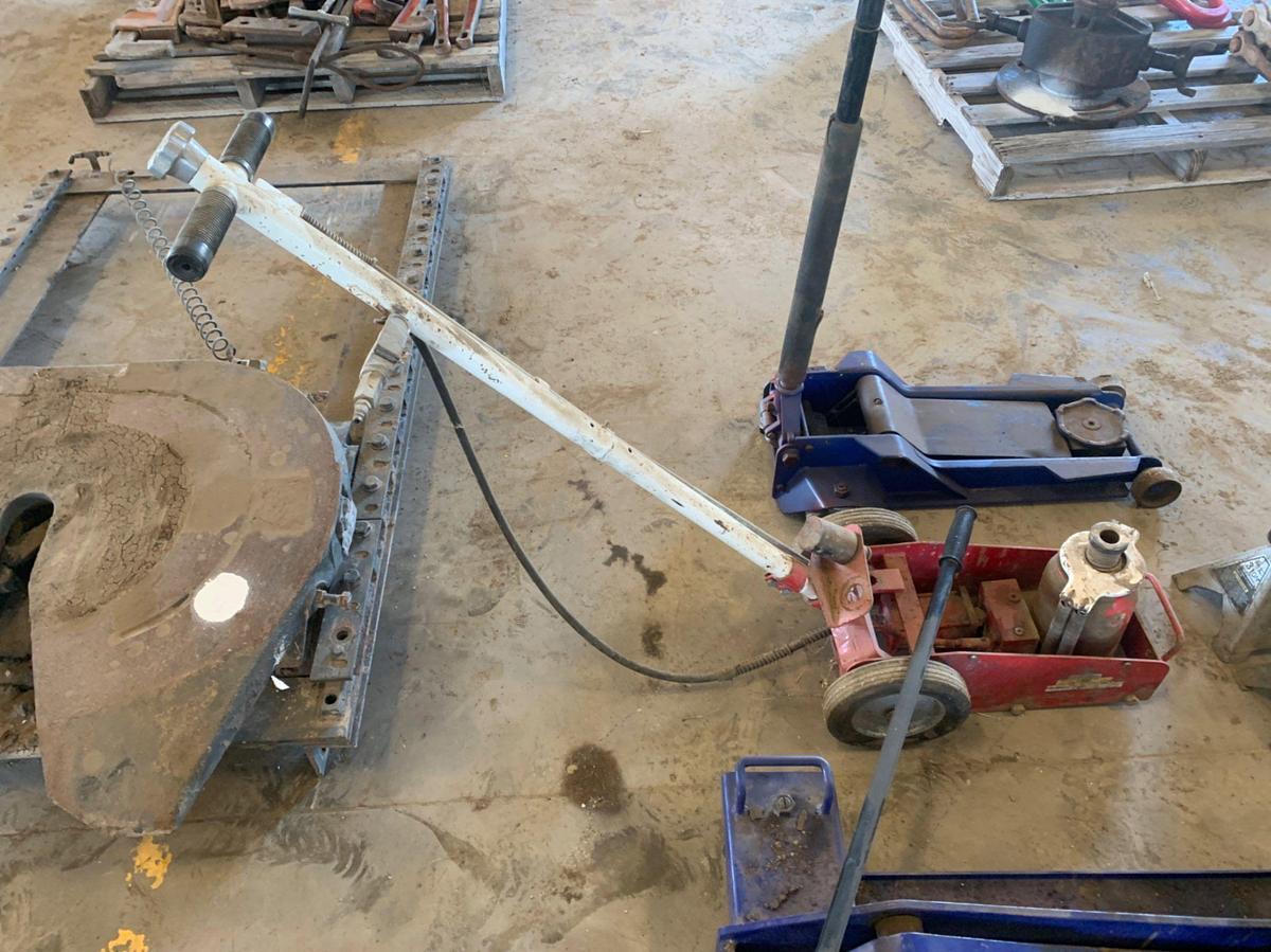 Used 1.5 Ton Transmission Jack, Air Powered Bottle Jack, and Floor Jack