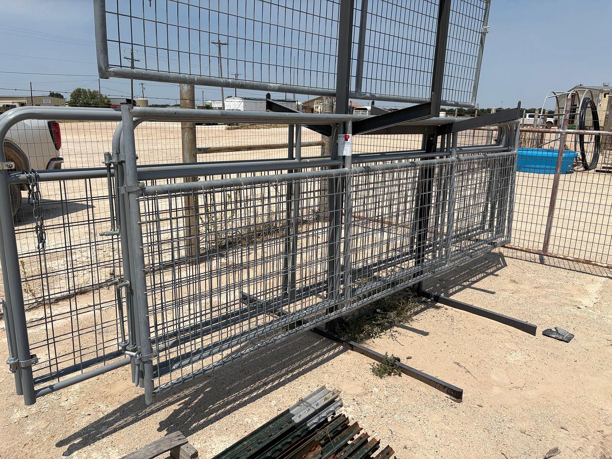 Used (4) 13.5’ x 4’ & (2) 15.5’ x 4’ gates w/ storage rack