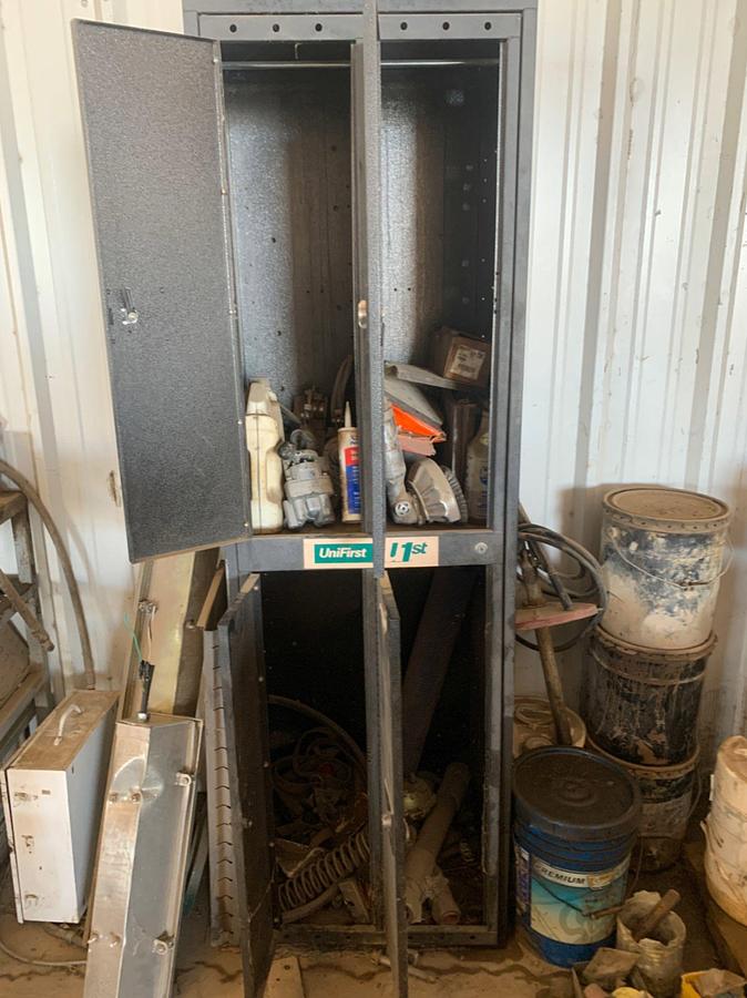 Used 5’ x 2’ x 3’ Shop Table w/ All its contents and 4 Door Locker