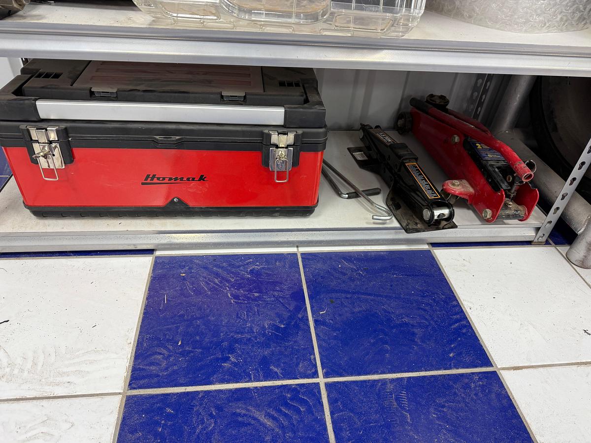 Used 6- SHELVE RACK W/ CONTENTS OF (5) CUSTOM SNAP ON SOCKET CUPS, DRILL BIT SET IN BOX, TOOL BOX, PUTTING TURF, (2) FLOOR JACKS