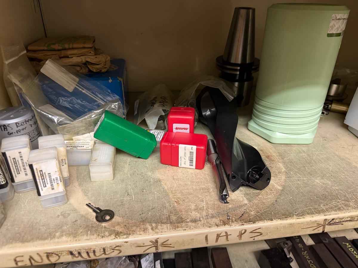 Used ROOM W/ SHELVES & (2) DOOR CABINET INCLUDES (100+) MACHINE CUTTING TOOLS, SUPPLIES, SPARE PARTS, & RELATED