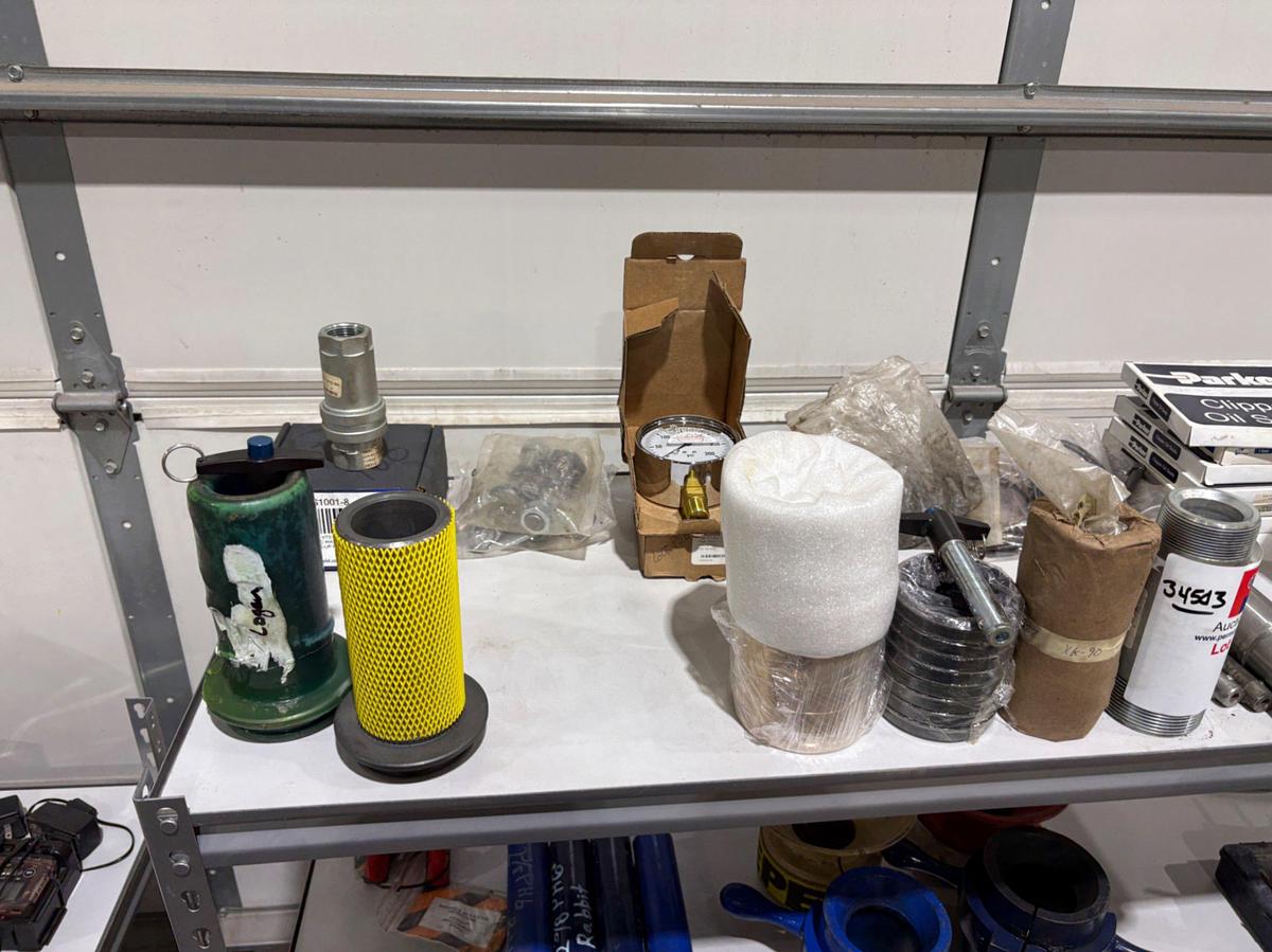 Used Shelving unit w/ (UNUSED) XK-90 & Logan swivel parts, stabbing guides, Kelly valve kits, guages, etc