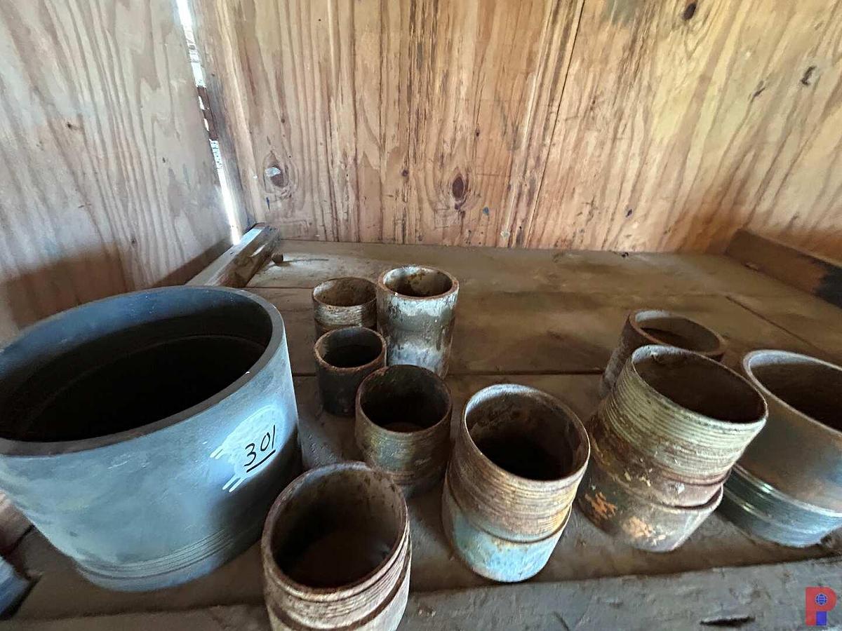 Used 2-SHELVES W/ (60 +) 1-1/2” - 8” STEEL THREAD PROTECTORS