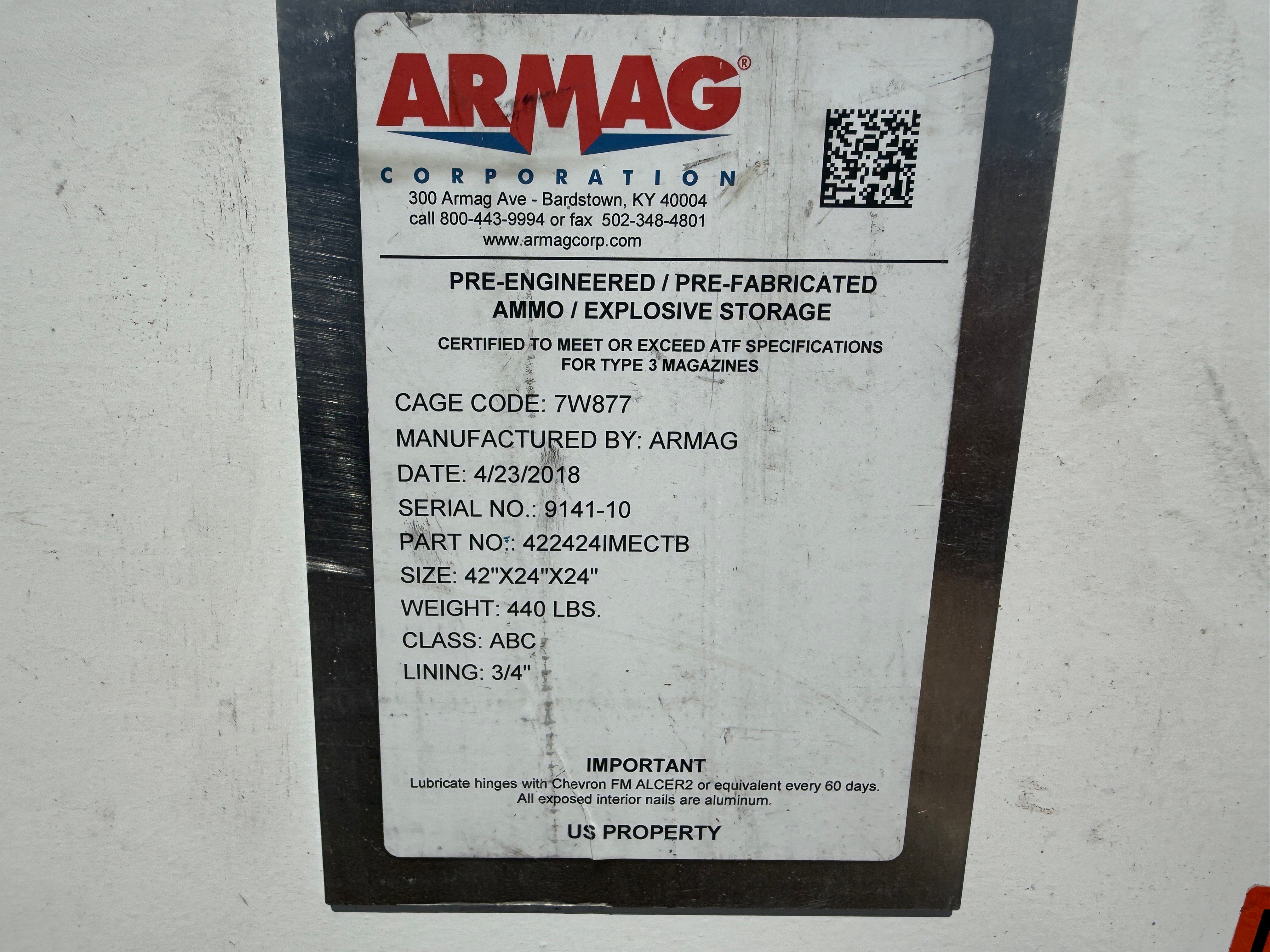 Used ARMAG CORP PRE-ENGINEERED 42”x24”x24” EXPLOSIVE STORGE BOX